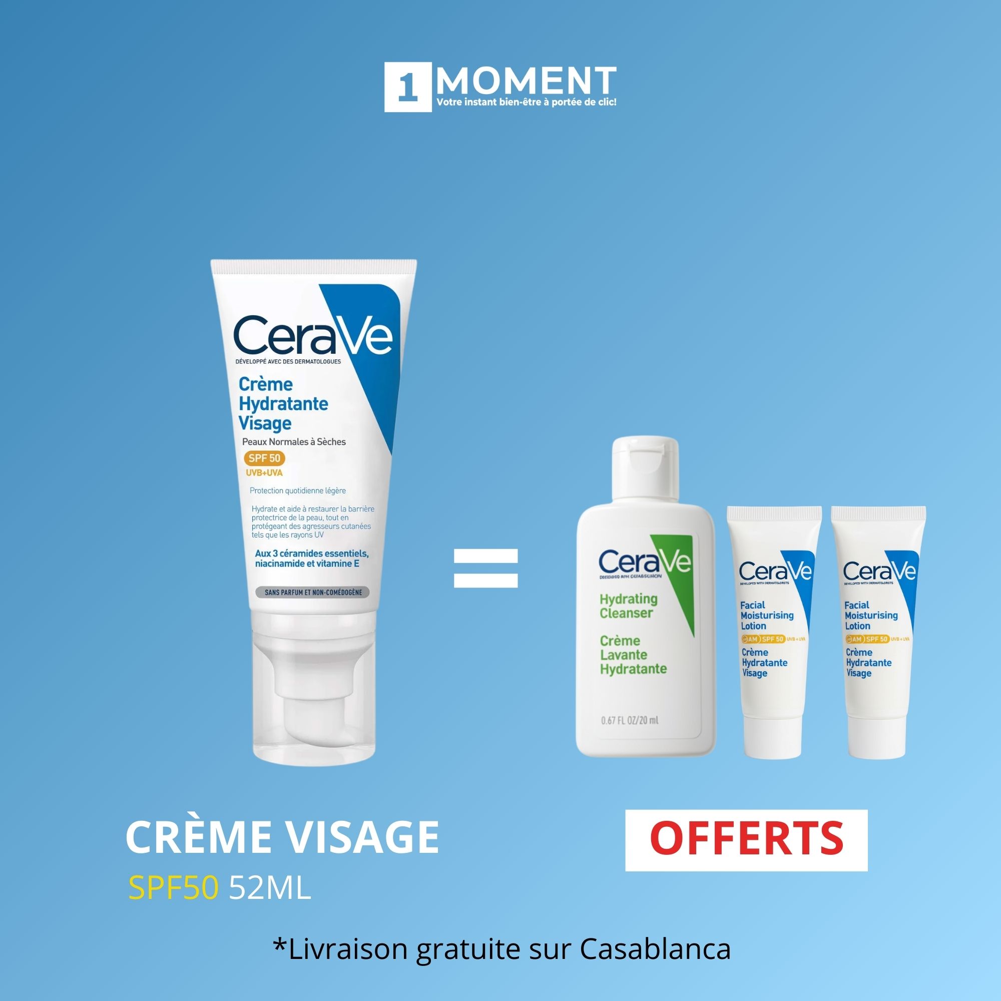CeraVe crème hydratante visage SPF50 peaux normales à sèches | 52ml