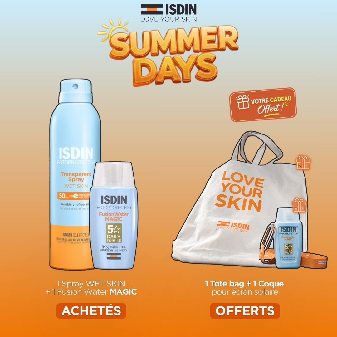 ISDIN OFFRE SPRAY WET SKIN + FUSION WATER MAGIC ACHETES + TOTE BAG ET COQUE ECRAN OFFERTS