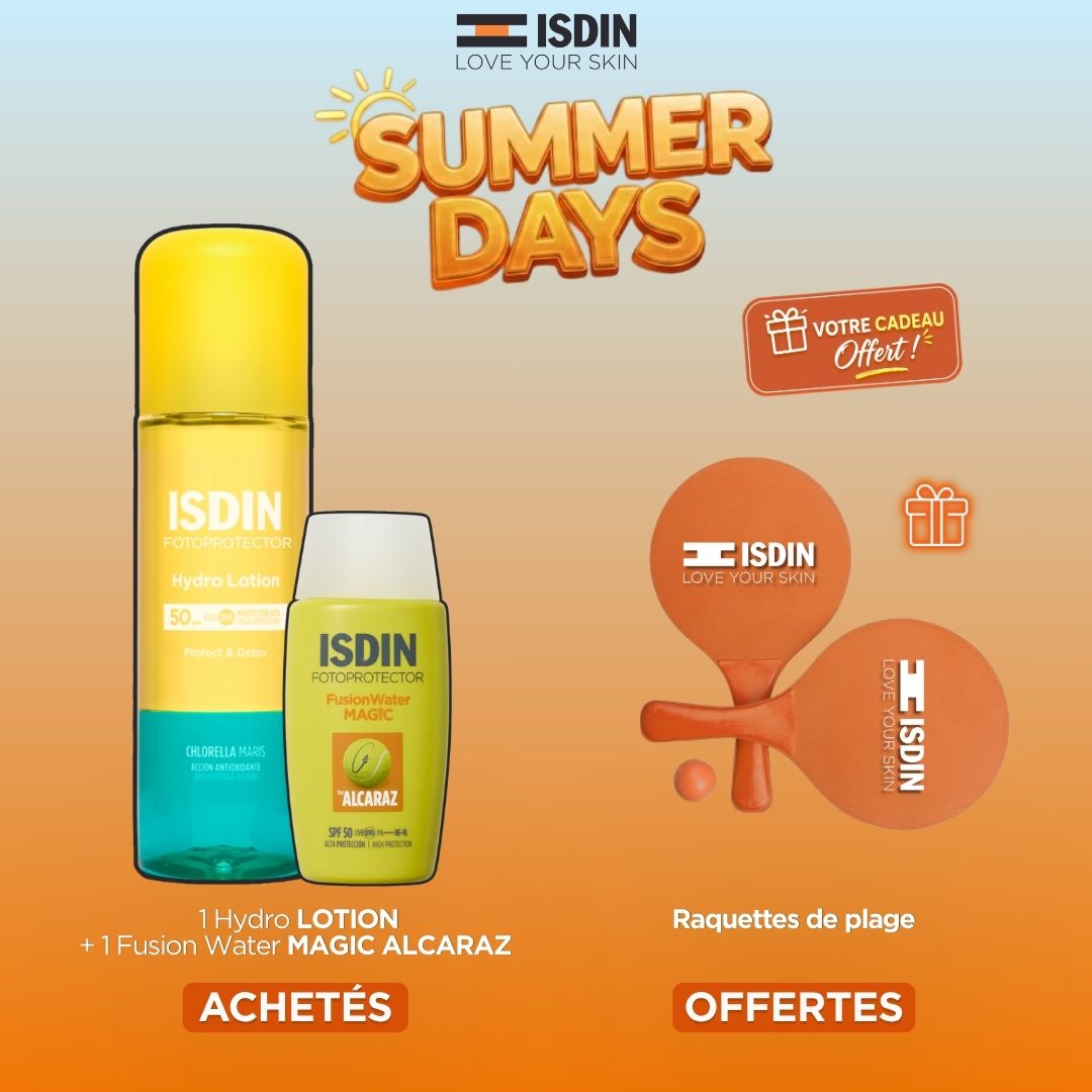 ISDIN OFFRE HYDRO OIL SPF50 200 ML + FUSION WATER MAGIC ALCARAZ SPF50 + RAQUETTES DE PLAGE OFFERTES