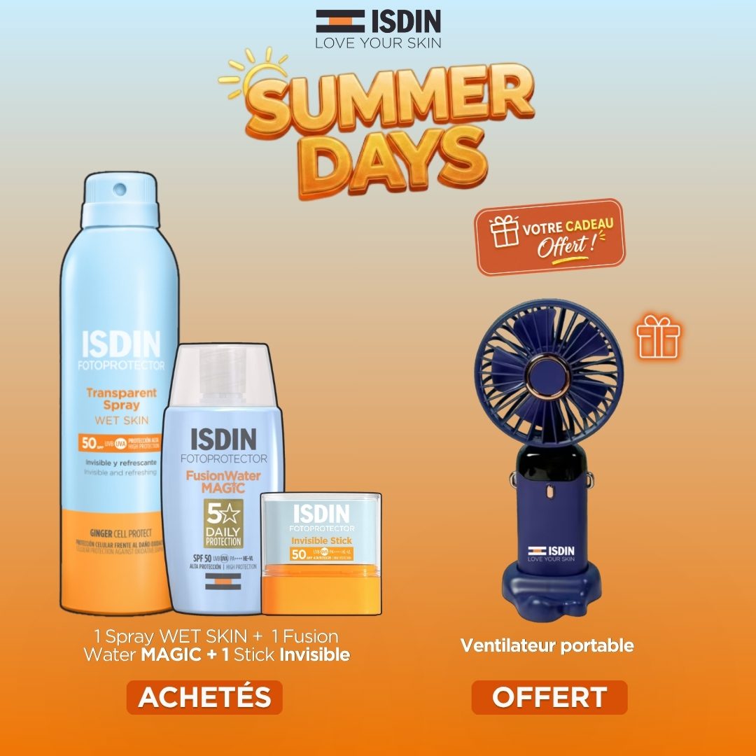 ISDIN OFFRE TRANSPARENT SPRAY +FUSION WATER MAGIC + STICK INVISIBLE +VENTILATEUR PORTABLE OFFERT