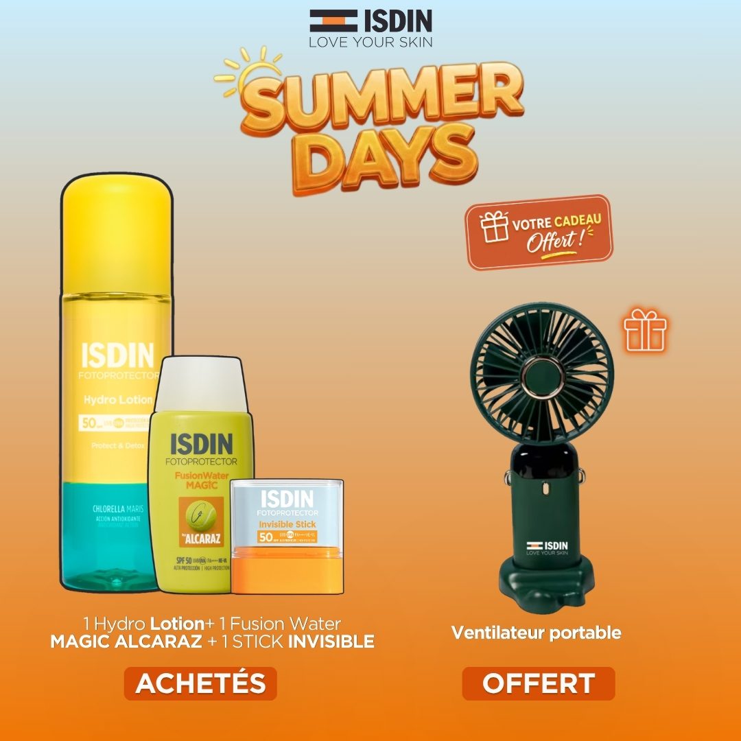 ISDIN OFFRE HYDRO OIL SPF50 200 ML + FUSION WATER MAGIC ALCARAZ SPF50+VENTILATEUR PORTABLE OFFERT