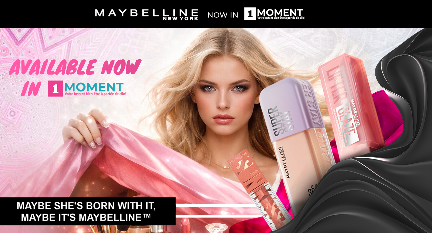 Bannière publicitaire Maybelline New York disponible au Maroc sur 1Moment.ma, présentant les dernières nouveautés maquillage comme SuperStay et Lifter Glaze avec une livraison rapide à Casablanca.