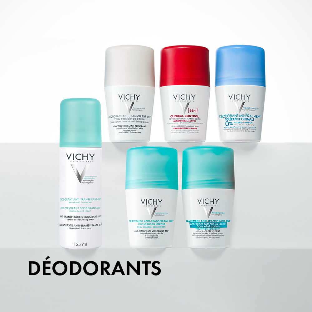 Déodorants Vichy anti-transpirants efficacité 48h/72h - Peaux sensibles et sans sels d'aluminium.