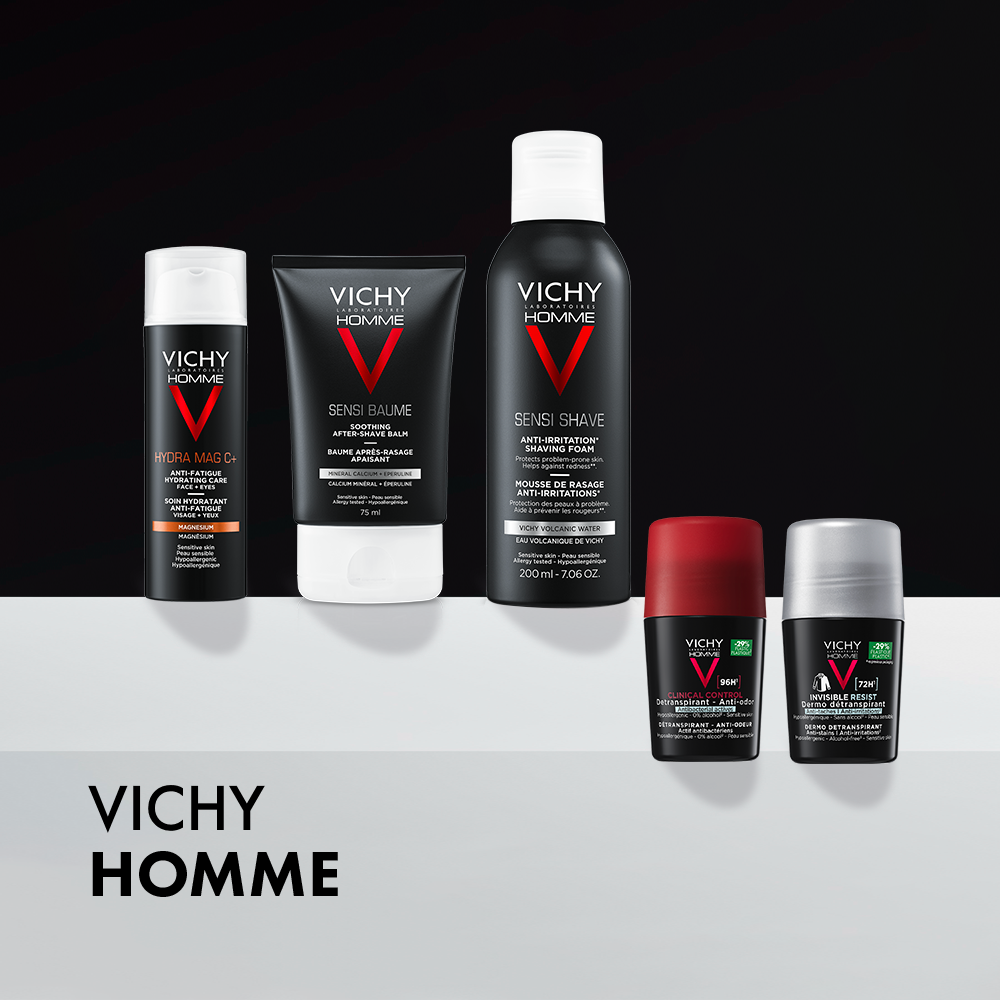 Gamme Vichy Homme - Soins visage et corps spécifiquement formulés pour la peau masculine.
