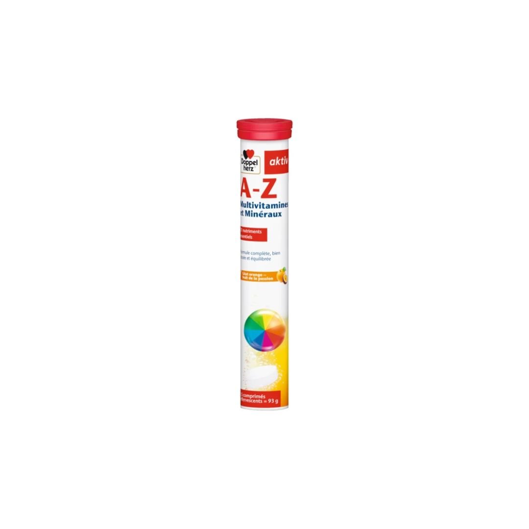 DOPPELHERZ AKTIV A-Z MULTIVITAMINES ET MINERAUX GOUT ORANGE FRUIT DE PASSION 15 COMPRIMES
