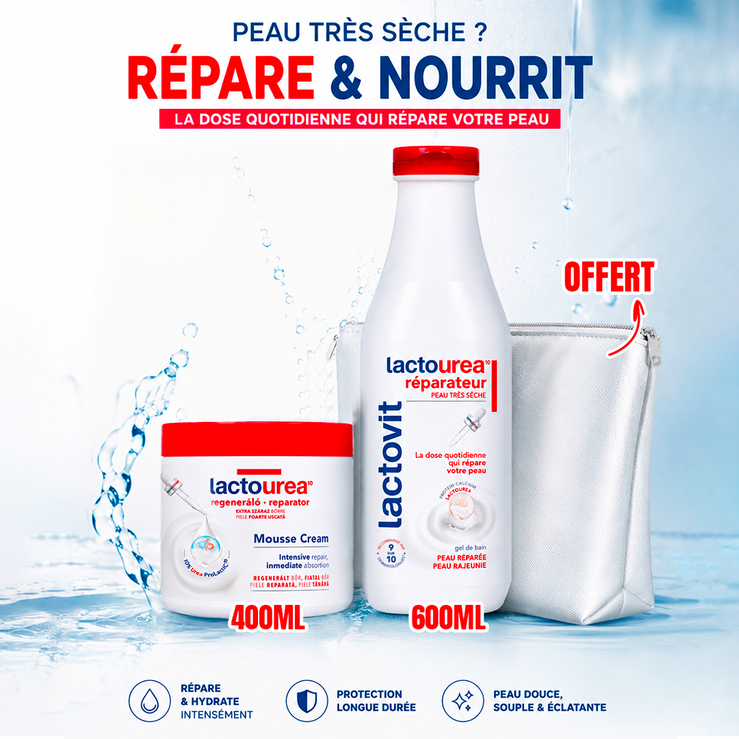 Lactovit Pack Réparation & Hydratation – Mousse Réparatrice 400ML + Gel Douche Réparateur 600ML + Trousse OFFERTE