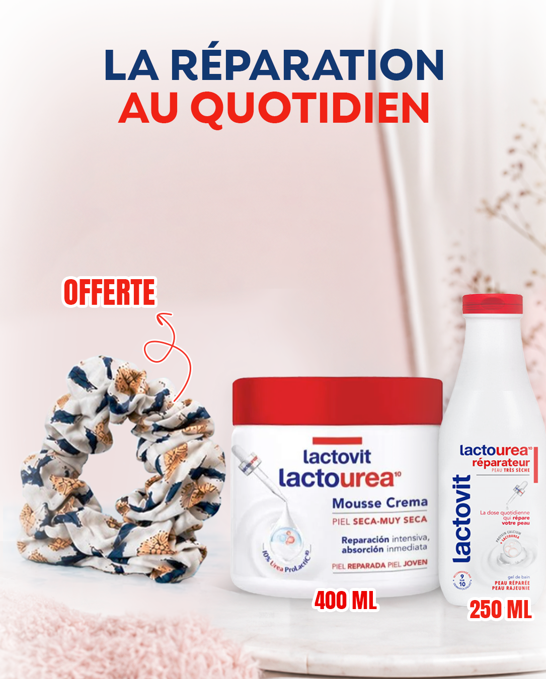 Pack Lactovit Lactourea Mousse Crema 400ml Gel de Bain 250ml Chouchou Cheveux Offert