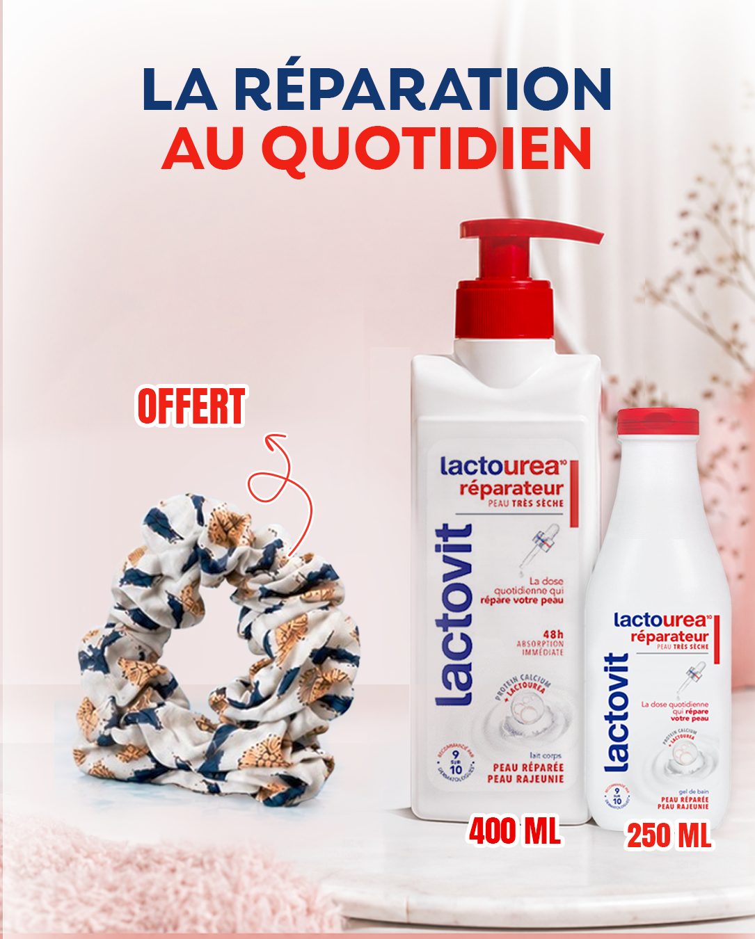 Pack Lactovit Lactourea Lait Corps 400ml Gel de Bain 250ml Chouchou Cheveux Offert