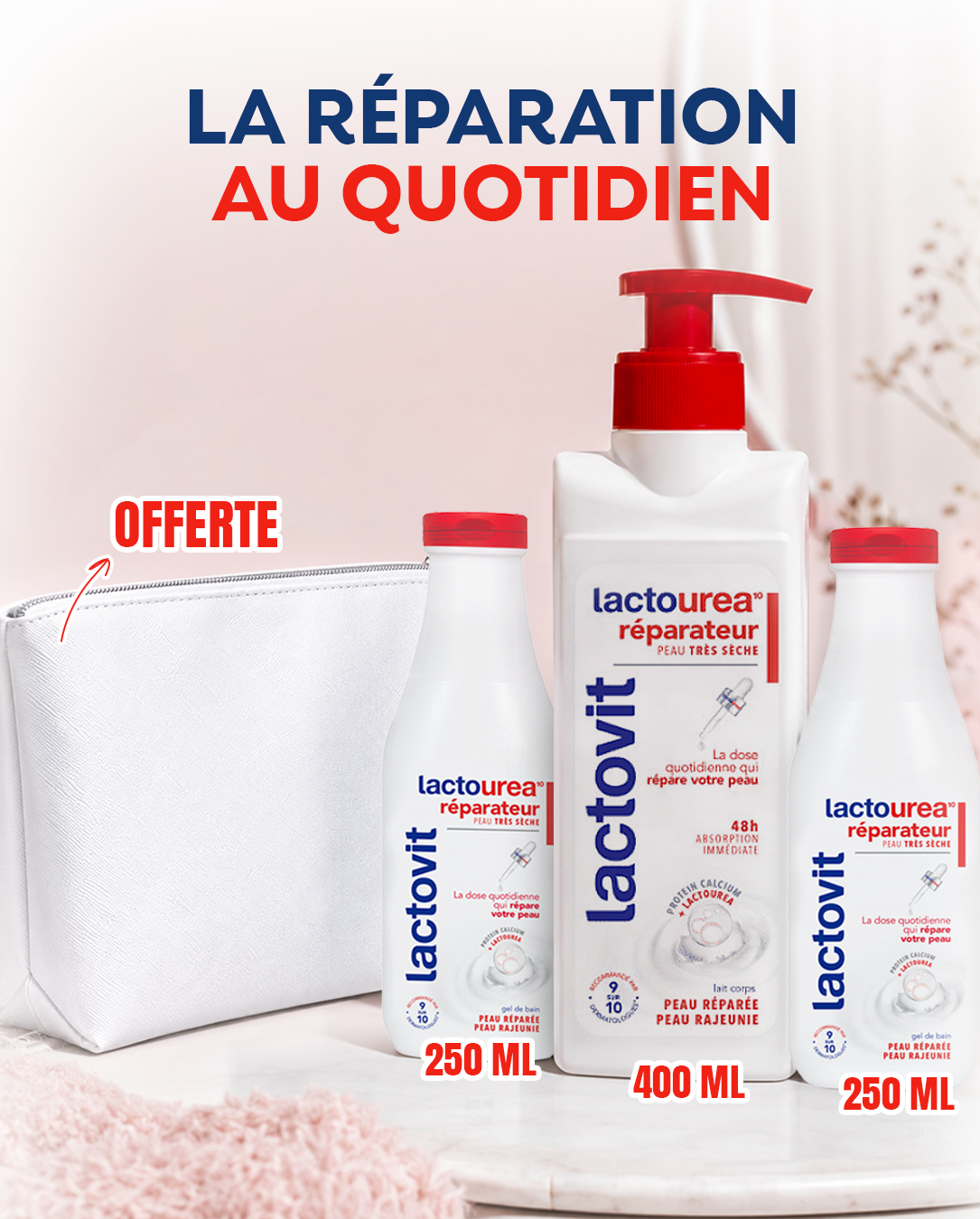 Lactovit Pack Réparation & Hydratation - Lait Corps 400ml + 2 Gels de Bain 250ml + Trousse Offerte